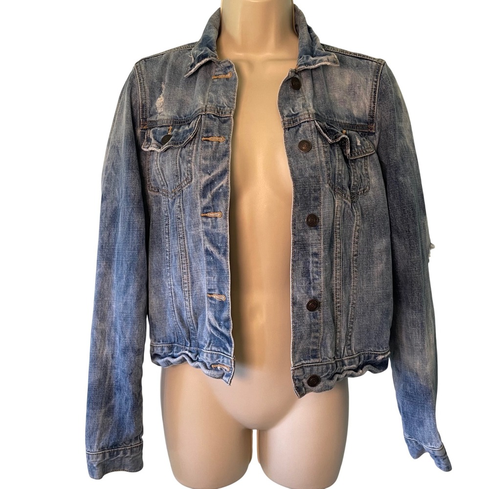 Abercrombie‎ & Fitch Womens Distressed Denim Jacket Light Wash Trucker Size M